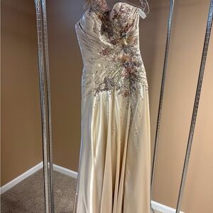 Tony Bowls Strapless Cream Evening Gown with Pink Floral Embellishment